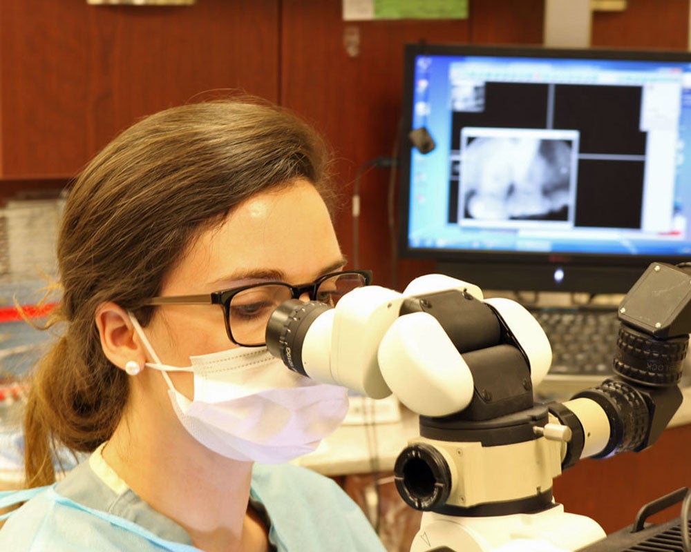 woman looking into microscope