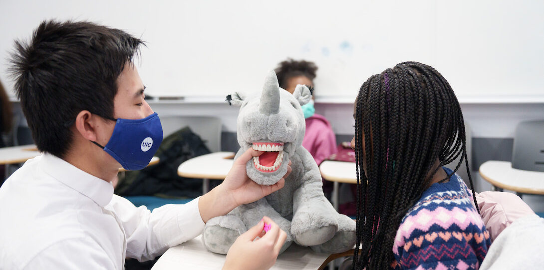 A dental student demonstrating dental care to a young girl using a rhino stuffed animal