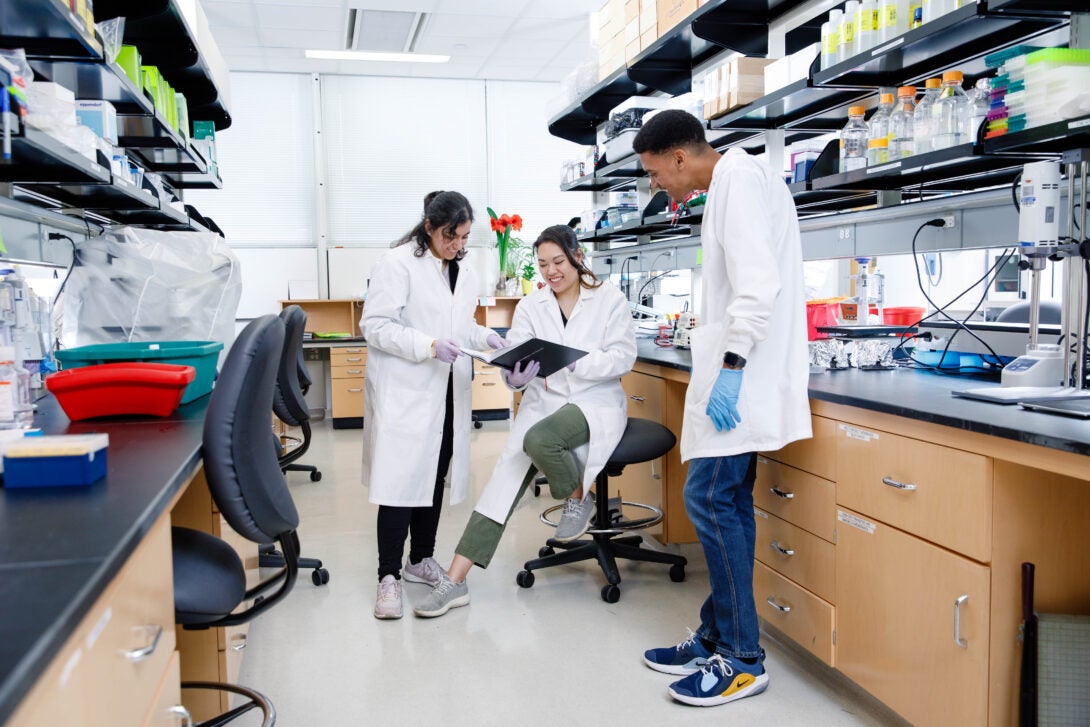 three students wearing lab coats huddled together