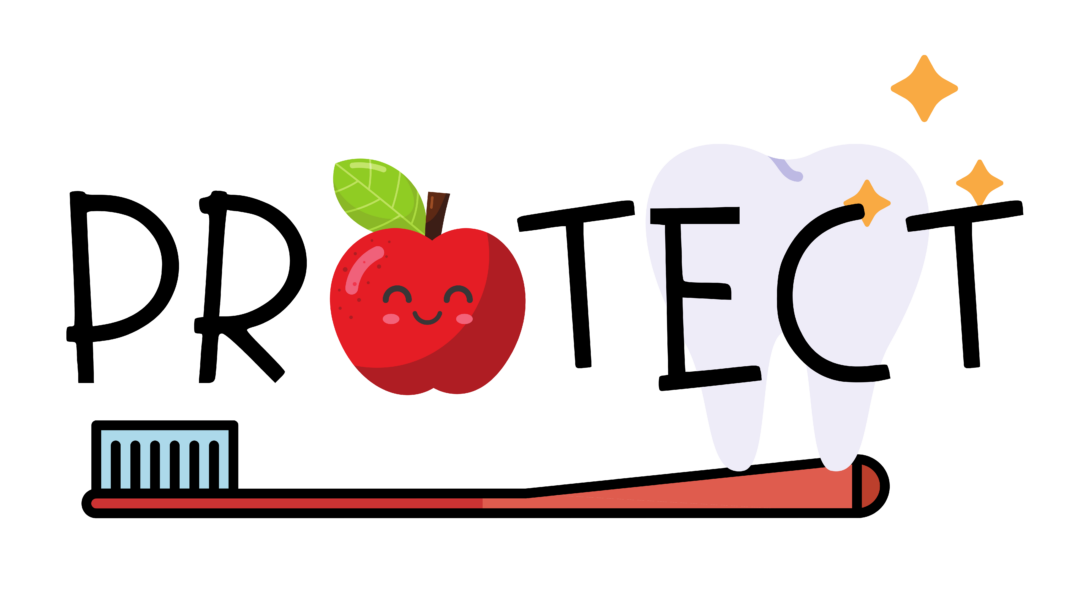 Word Protect in black letters, with the O represented as an apple. Under the word is a tooth brush with a large white tooth behind the letters 