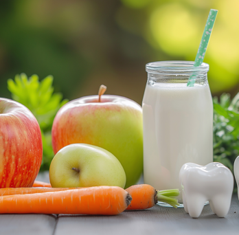 fruits veggies and milk with models of teeth
                  