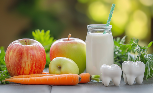 fruits veggies and milk with models of teeth