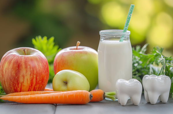 fruits veggies and milk with models of teeth